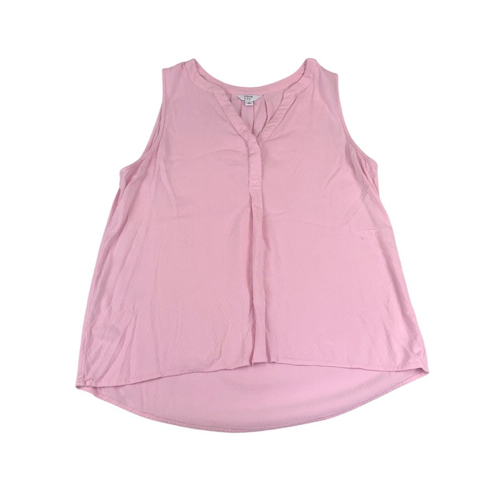 Crown & Ivy Pink Diamond Textured‎ Sleeveless V-Neck Blouse Large L High-Low Hem